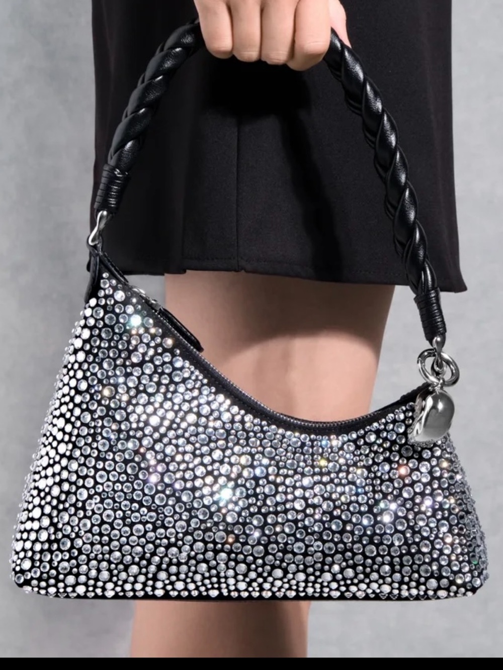 Aupen Crystal-Embellished bag with leather braided handle. Nirvana Ice